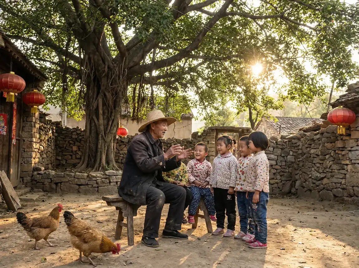 老人在大榕树下给孩子们讲故事 - 天降女子从2楼掉下了樱花未增删翻译八重樱 乡村记忆
